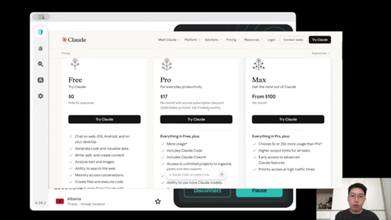 Claude Free、Pro 和 Max 計劃比較畫面