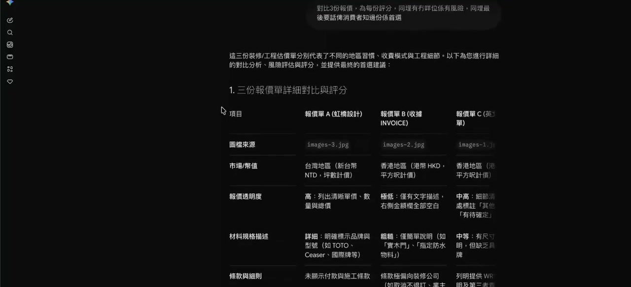 AI 以表格比較三份裝修報價的資料透明度、材料規格及風險